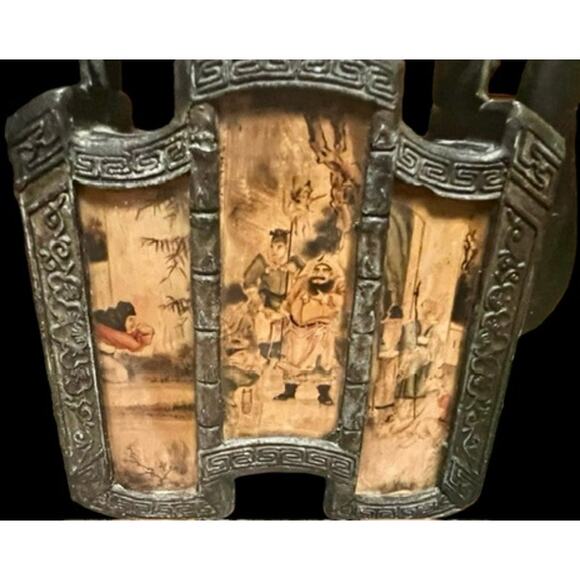 Antique Chinese Shantou Teapot & Tea Caddy-Lithograph Glass Panels-Metal-Asian - Picture 4 of 14